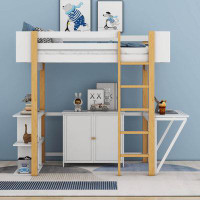 Cosmic Twin Size Wood Loft Bed With Built-in Storage Cabinet and Cubes, Foldable desk