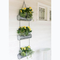 Gracie Oaks 36 Inch 3 Tier Hanging Planter, Galvanized Metal With Chrome Chain, Silver Finish