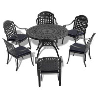 Bloomsbury Market 7-piece Patio Furniture Set: Cast Aluminum With Black Frame And Random Colour Seat Cushions