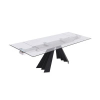 HomeRoots 63" Glass and Black Extendable Dining Table With Accordion Metal Base