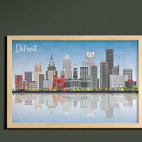 East Urban Home Ambesonne Detroit Wall Art With Frame, Detroit Skyline With Skyscrapers And Modern Buildings Clear Sky W