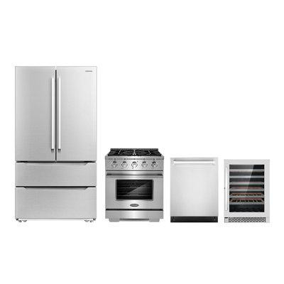 Cosmo 4 Piece Kitchen Package with French Door Refrigerator & 36" Freestanding Gas Range in Refrigerators