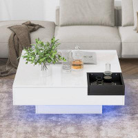 George Oliver Minimalist Design Square Coffee Table with Detachable Tray and Plug-in 16-colour LED