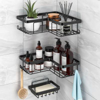Rebrilliant Corner Adhesive Shower Caddy, With Soap Holder And 12 Hooks, Rustproof Stainless Steel Bathroom Organizer, N