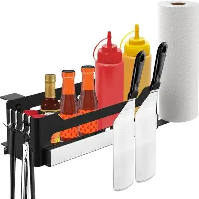 The BBQ grill rack contains a BBQ grill storage box a paper towel holder a magnetic tool holder and...