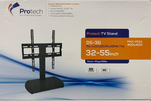 TV TABLE TOP STAND WITH TEMPERED GLASS SHELF AND ADJUSTABLE HEIGHT 32 INCH TO 55 INCH TV 40 KG88 LB WEIGHT CAPACITY in Video & TV Accessories in City of Toronto