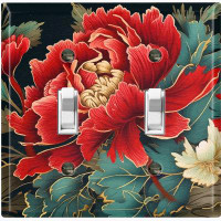 WorldAcc Metal Light Switch Plate Outlet Cover (Artistic Red Flower Green Leaves - Double Toggle)
