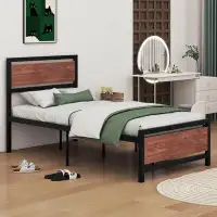 17 Stories Twin Size Platform Bed, Metal And Wood Bed Frame With Headboard And Footboard