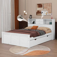 Red Barrel Studio Full Size Wood Platform Bed With Win Size Trundle, 3 Drawers, Upper Shelves And USB Ports & Sockets