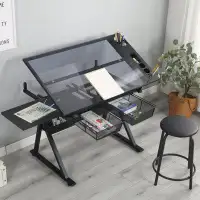 Wenty Black Adjustable Tempered Glass Drafting Printing Table With Chair