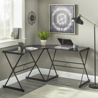 Latitude Run® TDC Metal and Glass L Shaped Corner Computer Desk; Matte Black Glass Black Frame; Clear Glass; White