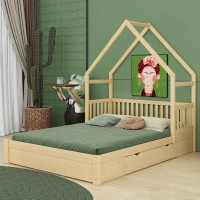 Mercer41 Wood Queen Size House Platform Bed With Guardrail And 2 Drawers