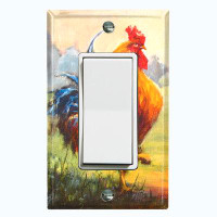 WorldAcc Metal Light Switch Plate Outlet Cover (Colourful Rooster Chicken Hen Forest Trees Art - Single Toggle)