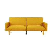 Latitude Run® Convertible Sofa Couch Mustard Colour Linen Like Fabric Cushion Wooden Legs
