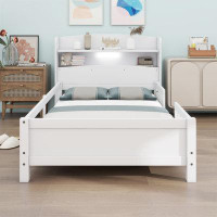 Red Barrel Studio Twin Wooden Platform Bed With Built-In LED Light, Storage Headboard And Guardrail
