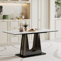 Mercer41 Contemporary 0.47" Thick Sintered Stone & Tempered Glass Rectangular Table With Black Stainless Base