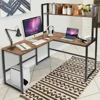 Inbox Zero Industrial L-Shaped 55" Corner Computer Gaming Table With Bookshelf-Coffee