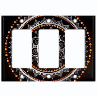WorldAcc Metal Light Switch Plate Outlet Cover (Orange Black Mandala Circle  - Triple Rocker)