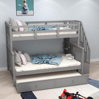Harriet Bee Wood Bunk Bed With Twin Size Trundle,Twin Over Full Bunk Bed With Storage And Guard Rail