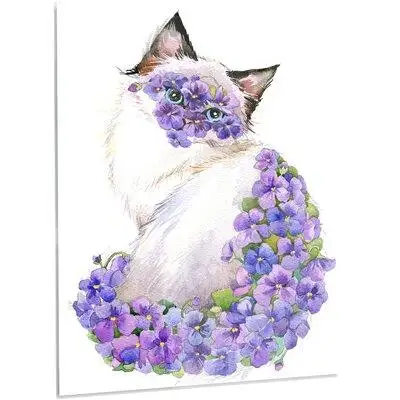 Design Art 'Cute Cat with Blue Flowers' Graphic Art on Metal