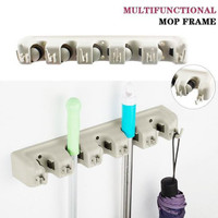 Wall Mount Mop Holder Broom Hanger Rack Home Storage Tool with 5 Position 6 Hooks 241098
