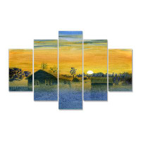 Design Art Frosty Yellow Winter Morning In The Village - Country Canvas Wall Art Print - 60X32 - 5 Panels