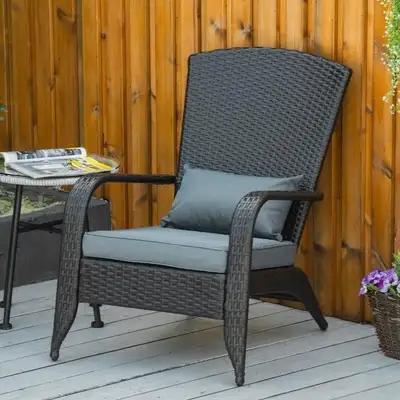 PE Rattan Wicker Muskoka Adirondack Chair Lounger Patio Deck Garden Seat, Brown, Grey Cushion