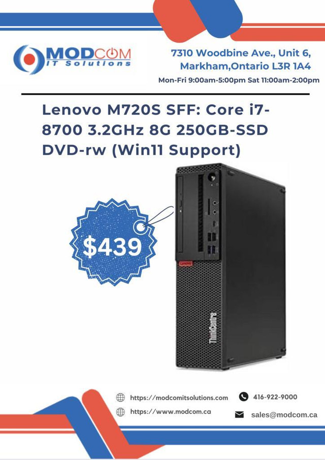 Lenovo ThinkCentre M720S SFF: Core i7-8700 3.2GHz 8G 250GB-SSD DVD-rw (Win11 Support) PC Off Lease For Sale!! dans Ordinateurs de bureau  à Laval/Rive Nord