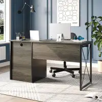 17 Stories Industrial Computer Desk In Retro Dark Grey Oak, Complete Drawer Design, Flexible Keyboard Tray, Heavy Duty C