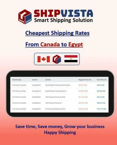 ShipVista provides the cheapest shipping rates from Canada to Egypt. Whether you are an individual s...