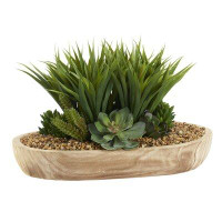 Primrue Lily Grass; Echeveria And Succulents In Oval Wooden Bowl