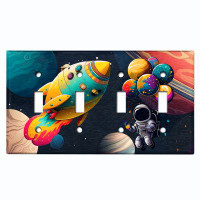 WorldAcc Metal Light Switch Plate Outlet Cover (Colourful Animated Astronaut Space Ship - Quadruple Toggle)