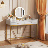 Mercer41 White and Gold Makeup Desk with 2 Drawers