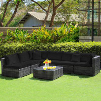 Latitude Run® Latitude Run® 7pcs Patio Rattan Furniture Set Sectional Sofa Cushioned Garden Black