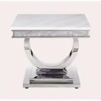 FOSHNATURE White Printed Faux Marble & Mirrored Silver Finish End Table