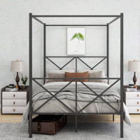 Gracie Oaks Cadre de lit à baldaquin en métal, cadre de lit plateforme avec cadre en X noir
