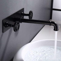 Industrial Pipe Matte Black Wall Mounted Bathroom Sink Faucet Double Handles Solid Brass