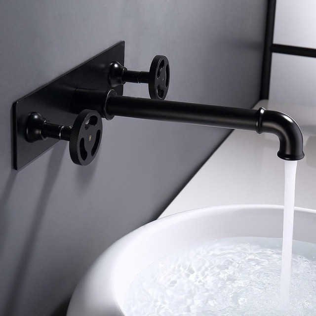 Industrial Pipe Matte Black Wall Mounted Bathroom Sink Faucet Double Handles Solid Brass in Plumbing, Sinks, Toilets & Showers