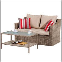 Winston Porter Brown Rattan Double Couch Tables Furniture Set Lounge Sofa