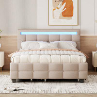 Ivy Bronx Queen Size Upholstered Platform Bed With LED Frame, With Twin XL Size Trundle And 2 Drawers, Linen Fabric