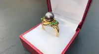 #374 - 14k Yellow Gold, Black Akoya Pearl &amp; Emerald Ring, Size 7 3/4