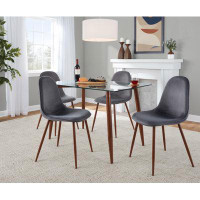 LumiSource Clara-Pebble Mid-Century Modern Dining Set In Walnut Metal, Clear Glass Tabletop And Grey Velvet Seat - 5 Pie