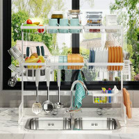 YITAHOME Adjustable Dish Drying Rack Over Sink 3 Tier, 2 Cutlery Holders Large Drainer For Kitchen Storage Counter Organ
