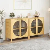 Mercer41 Bamboo 2 Door Cabinet, Set Of 2, Buffet Sideboard Storage Cabinet, Buffet Server Console Table, For Dining Room