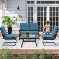 Charlton Home 5-Piece Patio Furniture Conversation Sets With Wrought Iron Loveseat And Spring Chairs, Coffee Table And S