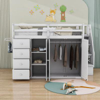 Harriet Bee Full Size Wood Loft Bed With Built-In Wardrobes And Drawers,Shelves
