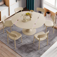 ABPEXI 6 - Person  Creamy White Sintered Stone tabletop +Solid Wood Round Dining Table Set