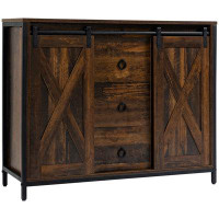 Gracie Oaks Industrial Farmhouse Buffet Cabinet, Kitchen Sideboard With Sliding Barn Doors, Three Drawers And Adjustable