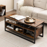 17 Stories Industrial Centre Table With Open Shelf & 3 Storage Cubbies, Metal Frame Wood Top Small Coffee Table, Tv Stan