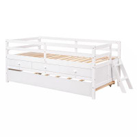 Red Barrel Studio Low Loft Bed Twin Size With Full Safety Fence, Climbing Ladder, Storage Drawers And Trundle Grey Solid